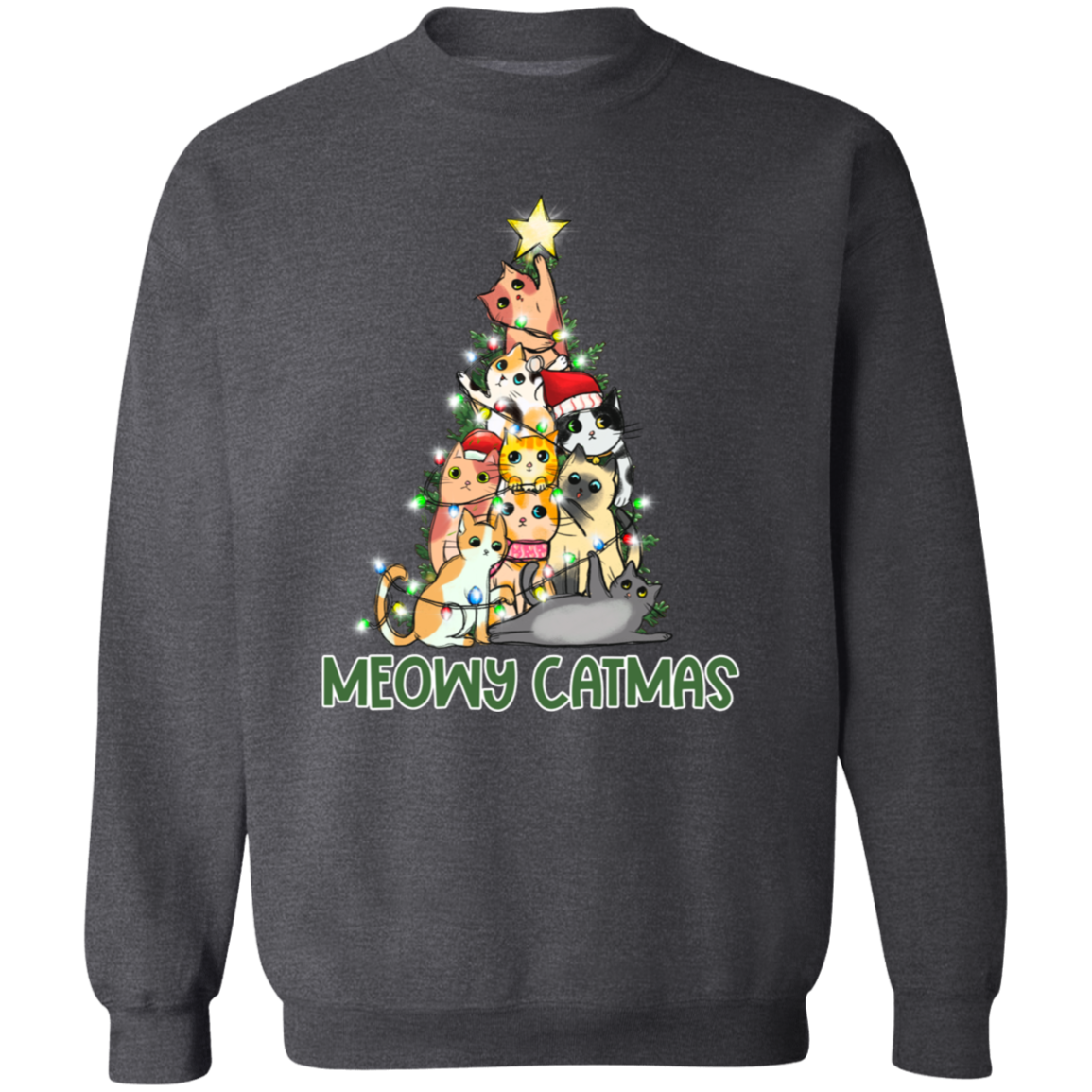 Meowy Catmas Cat Christmas Tree Cute Holiday Crewneck Pullover Sweatshirt