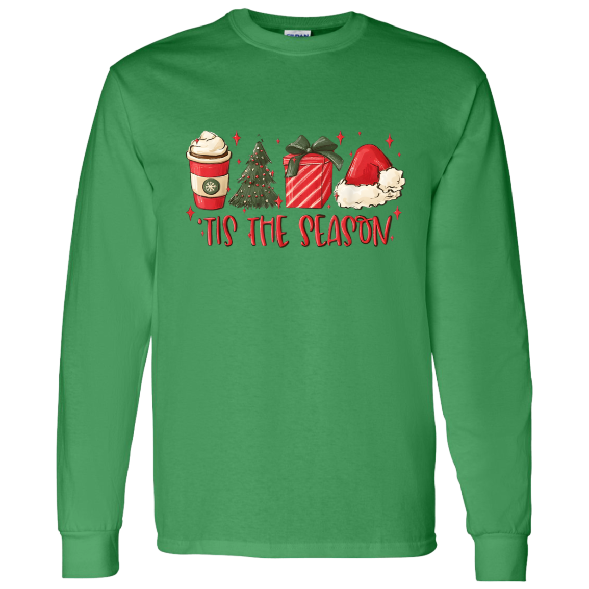 Tis The Season Christmas Tree, Present, Coffee, Santa Hat LS T-Shirt