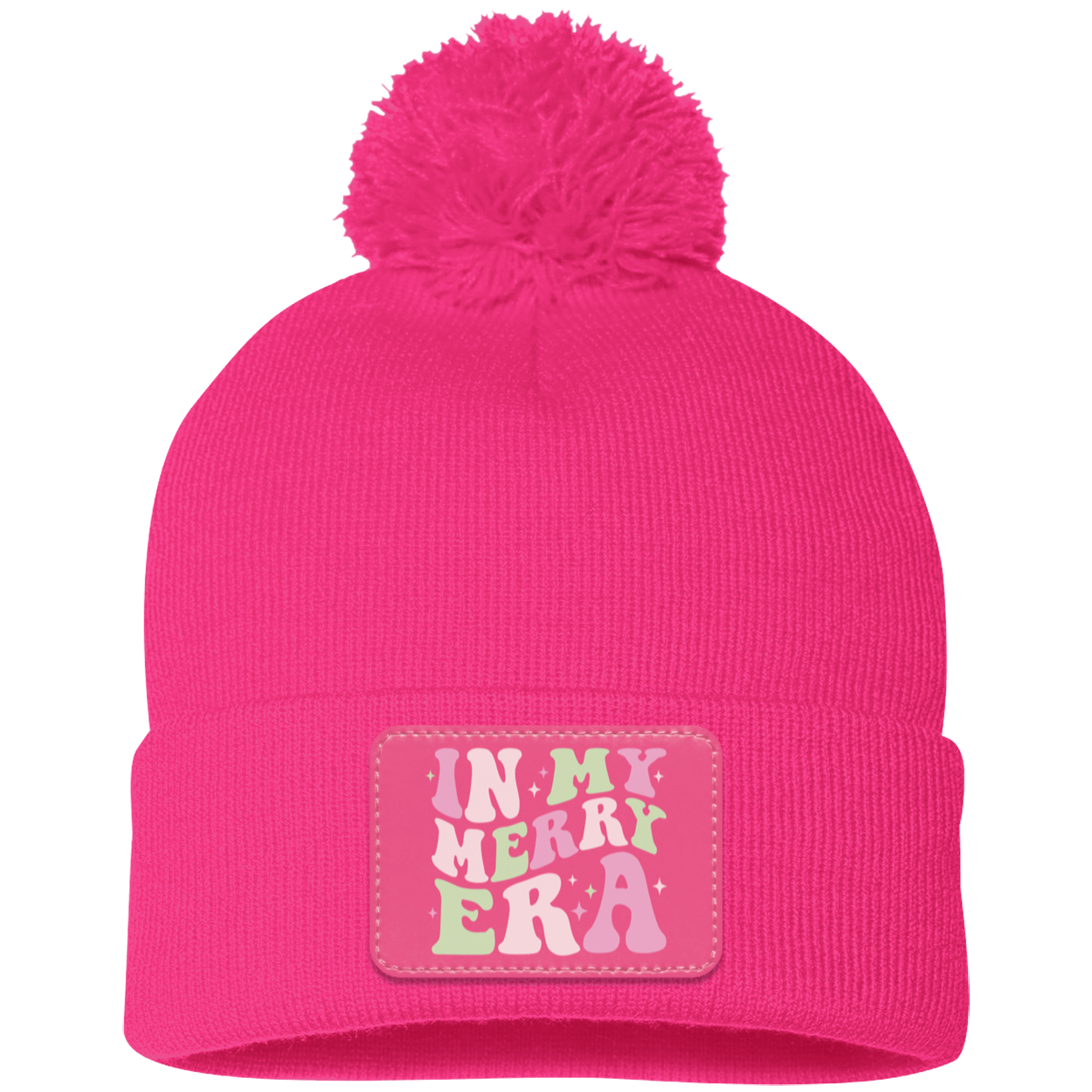 In My Merry Era Retro Christmas Pom Pom Knit Cap - Pink Patch