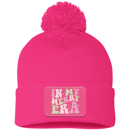 In My Merry Era Retro Christmas Pom Pom Knit Cap - Pink Patch