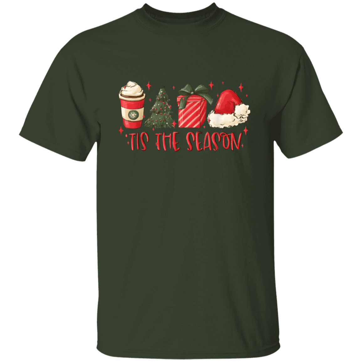 Tis The Season Christmas Tree, Present, Coffee, Santa Hat T-Shirt