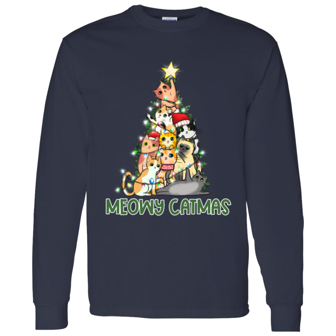 Meowy Catmas Cat Christmas Tree Cute Holiday LS T-Shirt