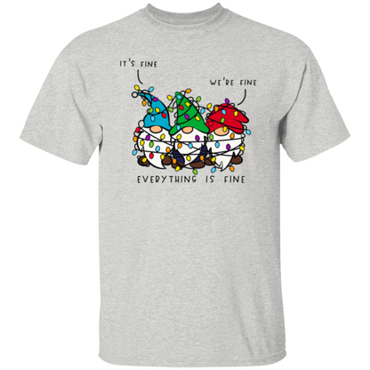 It's Fine, We're Fine, Everything Is Fine Christmas Lights Gnomes Funny Holiday T-Shirt