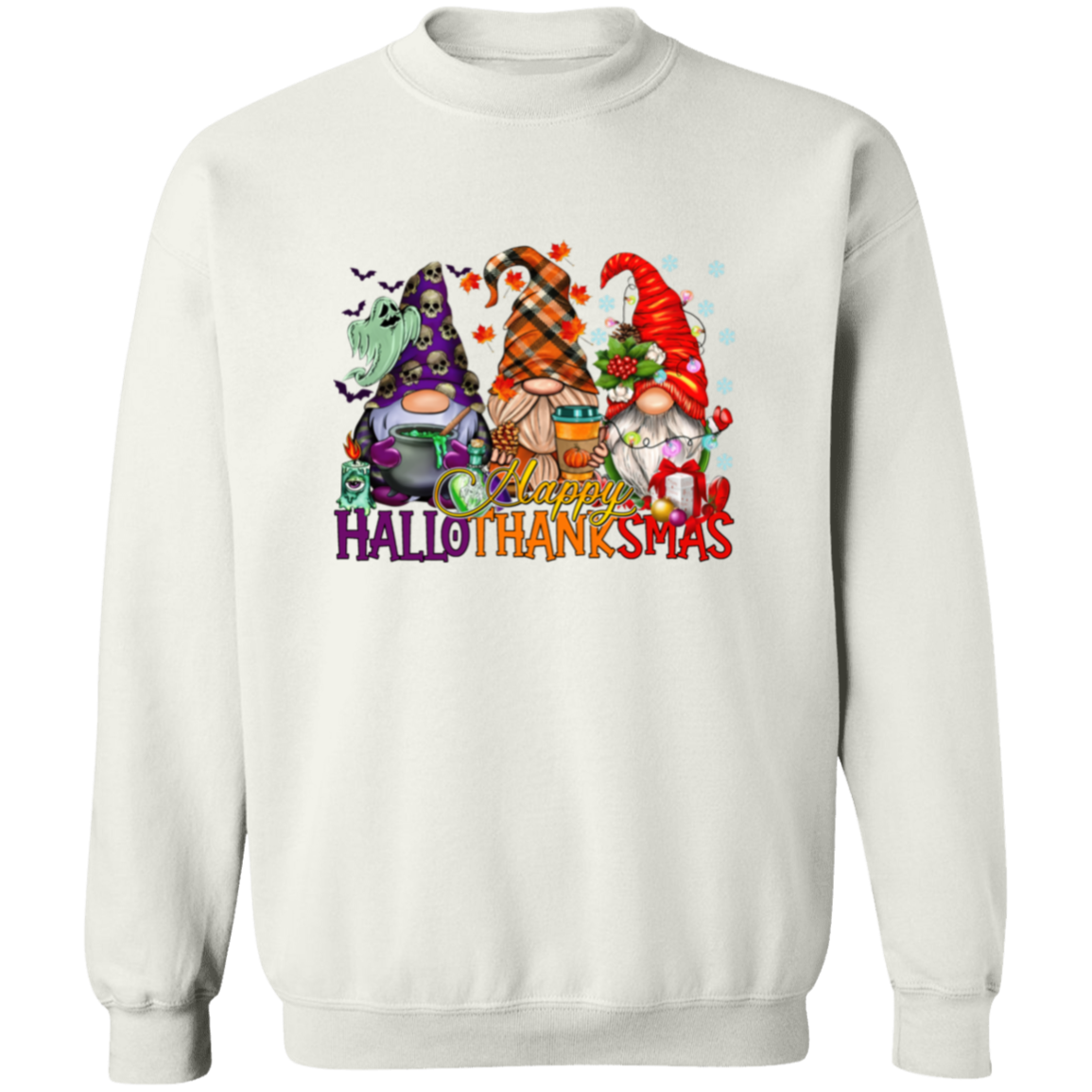 HalloThanksMas Gnomes Crewneck Pullover Sweatshirt