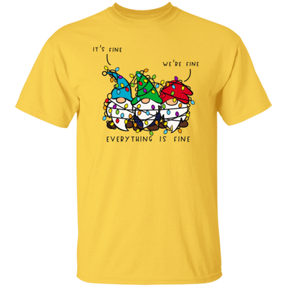 It's Fine, We're Fine, Everything Is Fine Christmas Lights Gnomes Funny Holiday T-Shirt