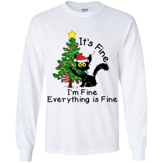 I'm Fine, It's Fine, Everything Is Fine Black Cat Funny Christmas Youth LS T-Shirt