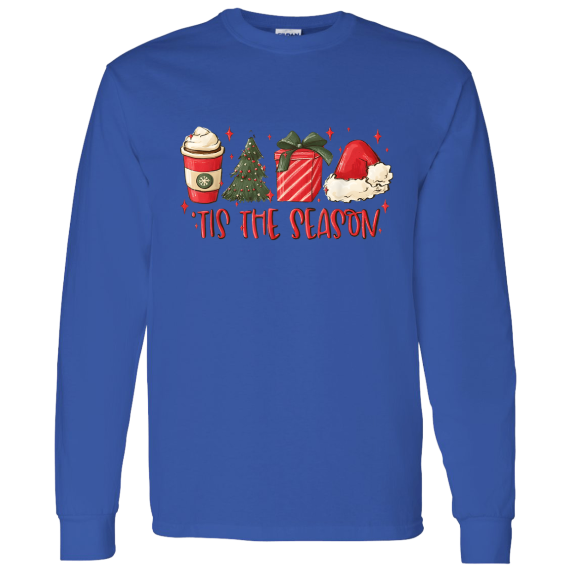 Tis The Season Christmas Tree, Present, Coffee, Santa Hat LS T-Shirt