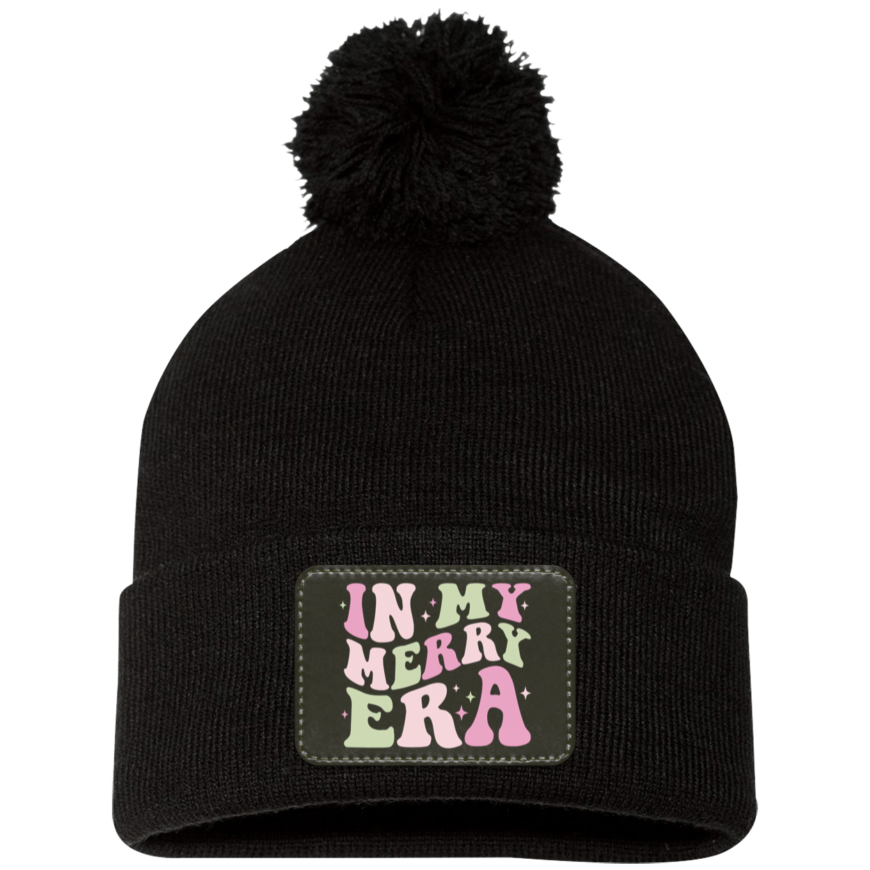 In My Merry Era Retro Christmas Pom Pom Knit Cap - Black Patch