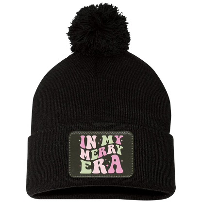 In My Merry Era Retro Christmas Pom Pom Knit Cap - Black Patch