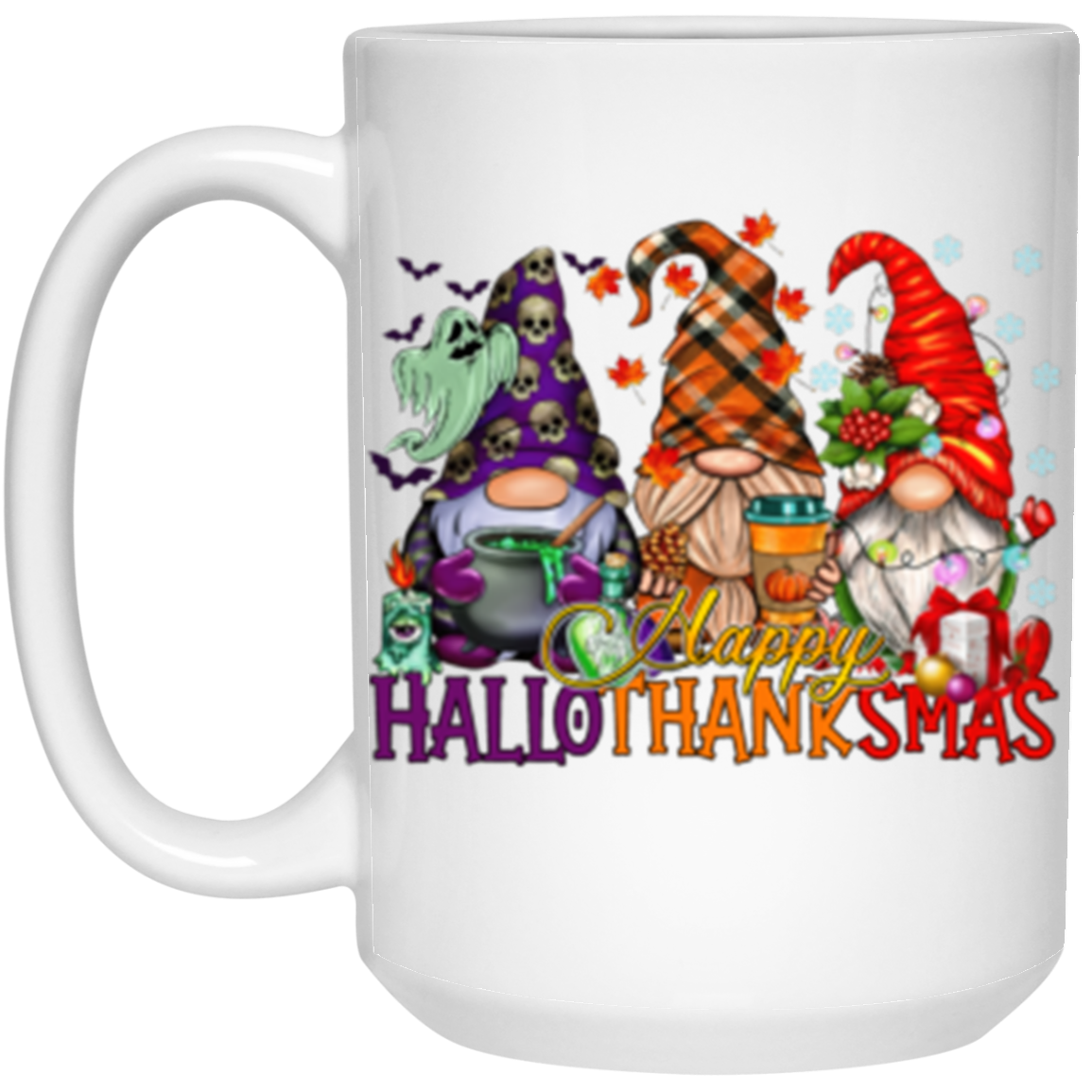 HalloThanksMas Gnomes 11 oz or 15 oz White Ceramic Mug - Halloween Thanksgiving Christmas