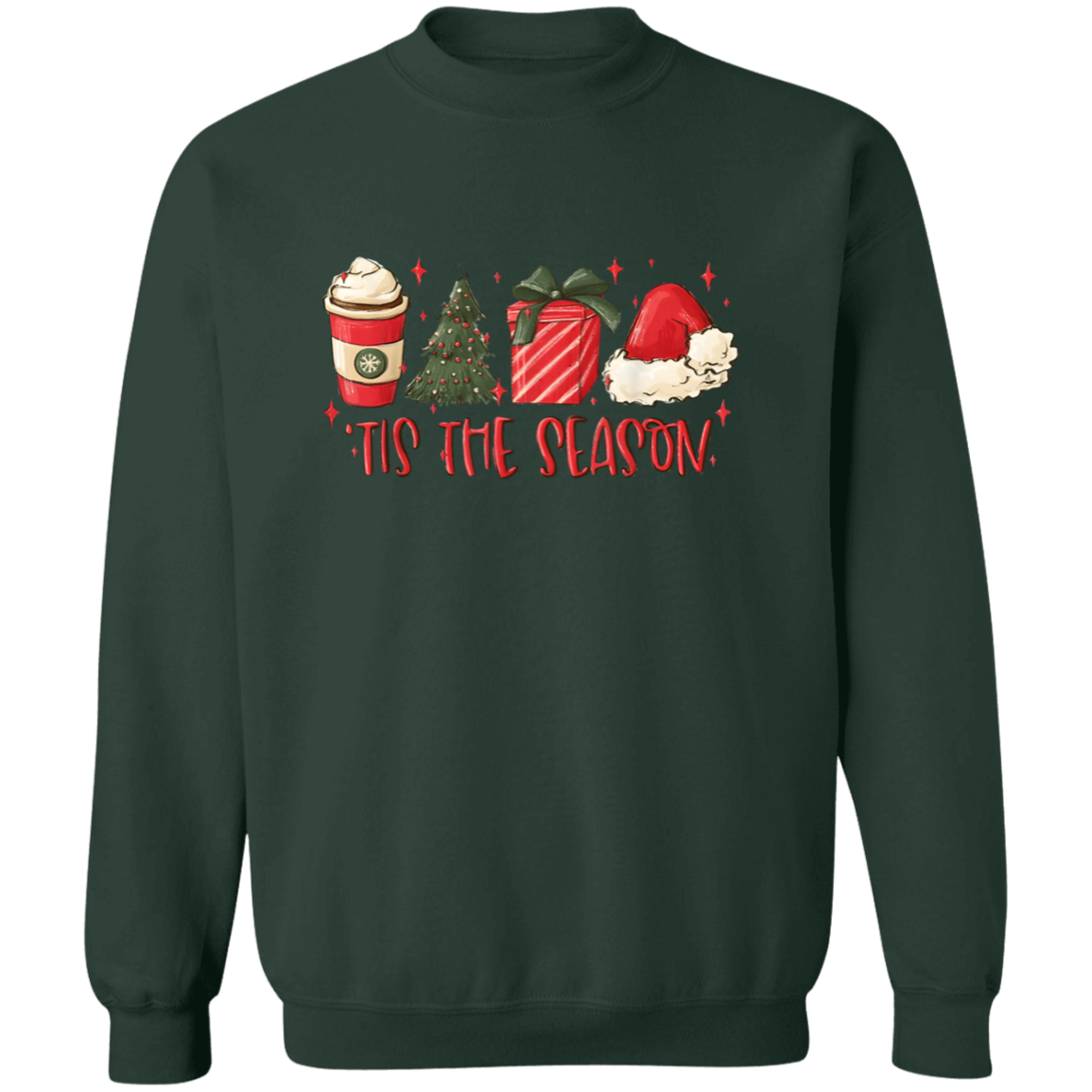 Tis The Season Christmas Tree, Present, Coffee, Santa Hat Crewneck Pullover Sweatshirt