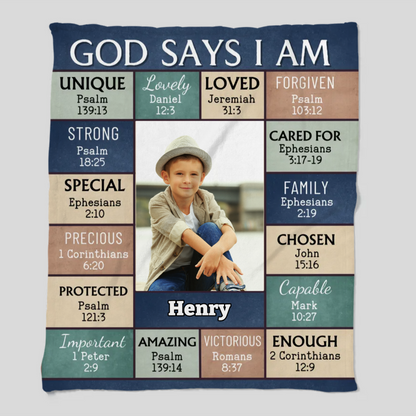 "God Says I Am" Personalized Bible Verse Photo Blanket with Name - Great First Communion or Christmas Gift