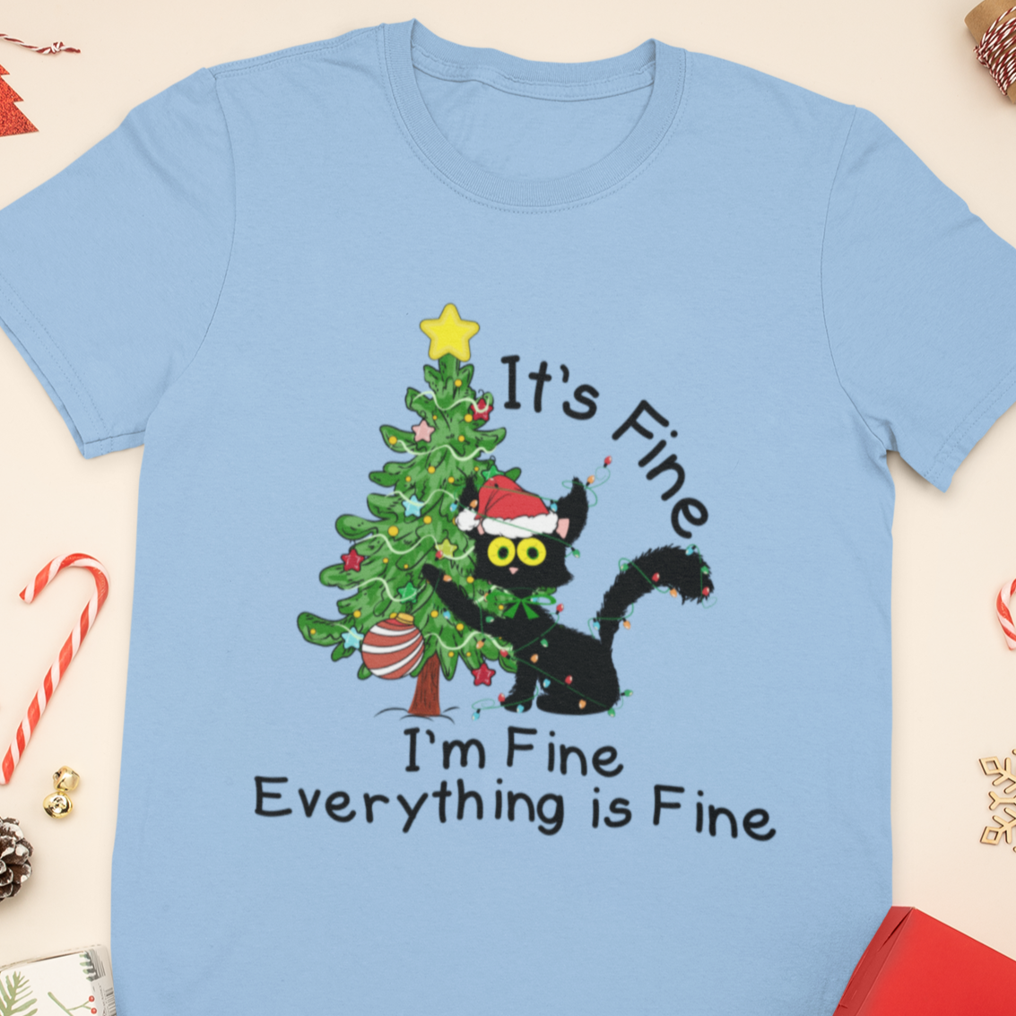 I'm Fine, It's Fine, Everything Is Fine Black Cat Funny Christmas T-Shirt