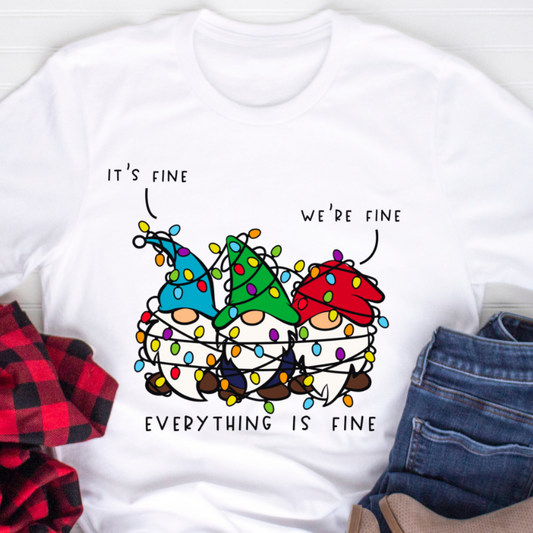 It's Fine, We're Fine, Everything Is Fine Christmas Lights Gnomes Funny Holiday T-Shirt