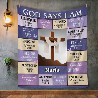 "God Says I Am" Personalized Bible Verse Photo Blanket with Name - Great First Communion or Christmas Gift