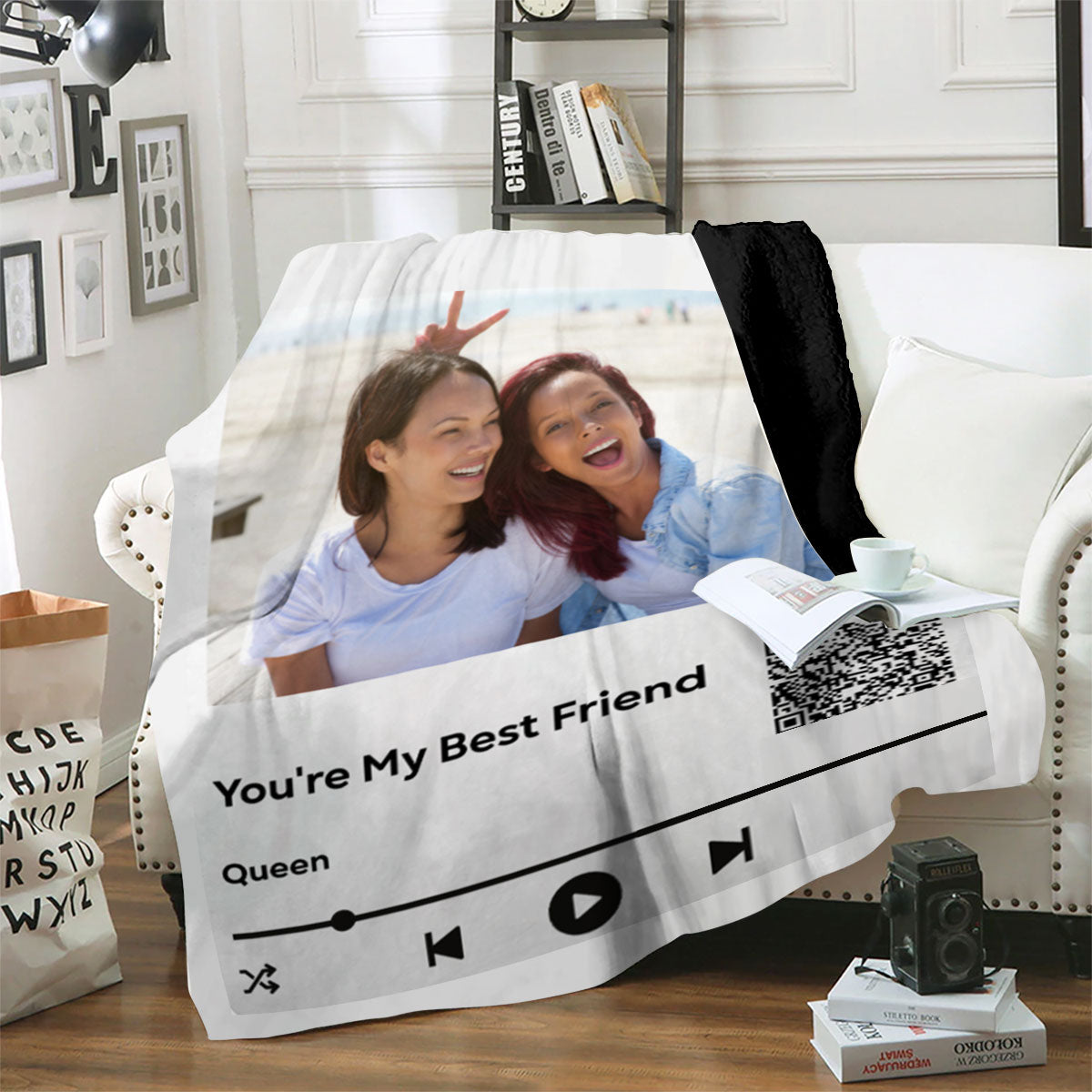 Personalized Music Player Premium Black Sherpa Blanket - Add Any Photo & Song