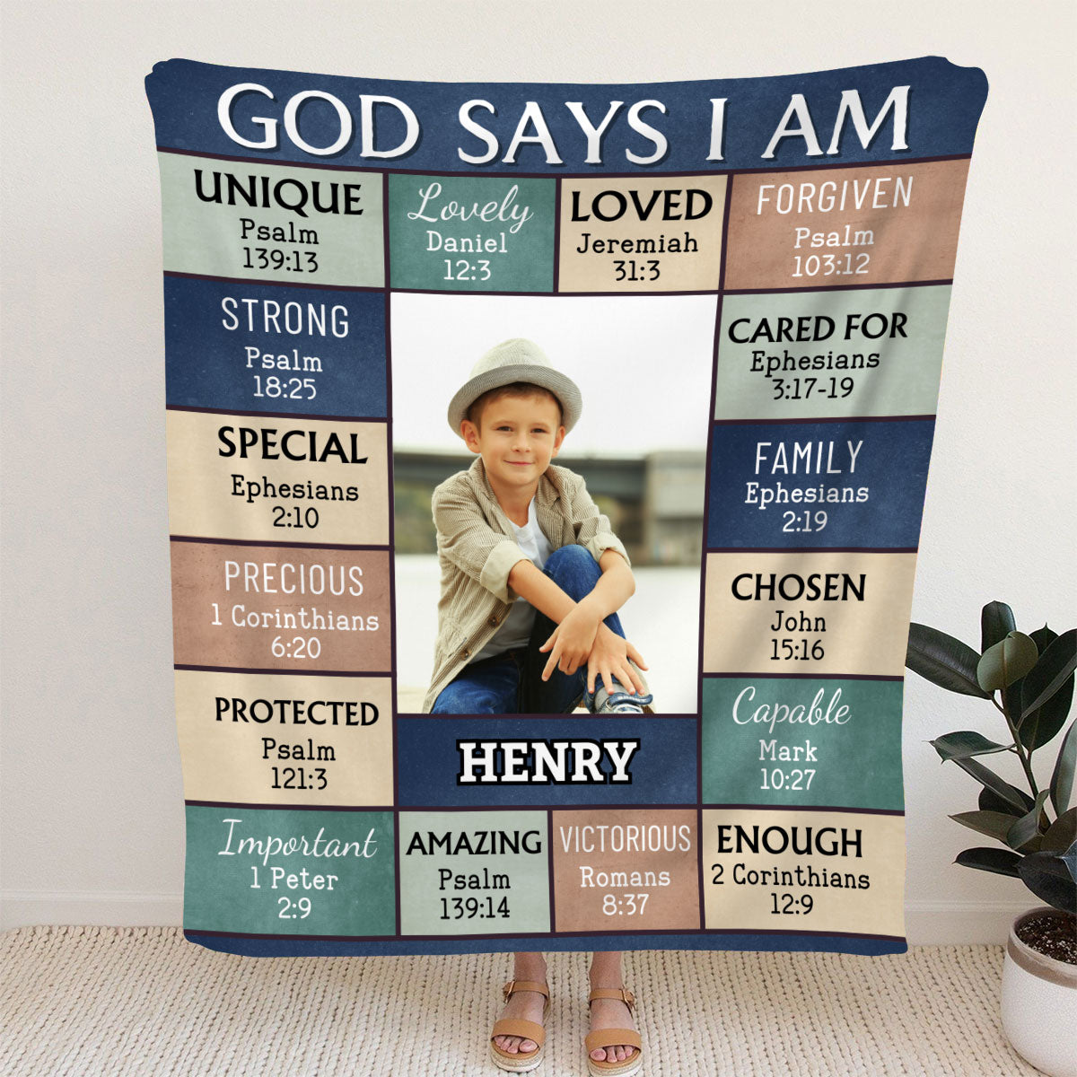 "God Says I Am" Personalized Bible Verse Photo Blanket with Name - Great First Communion or Christmas Gift