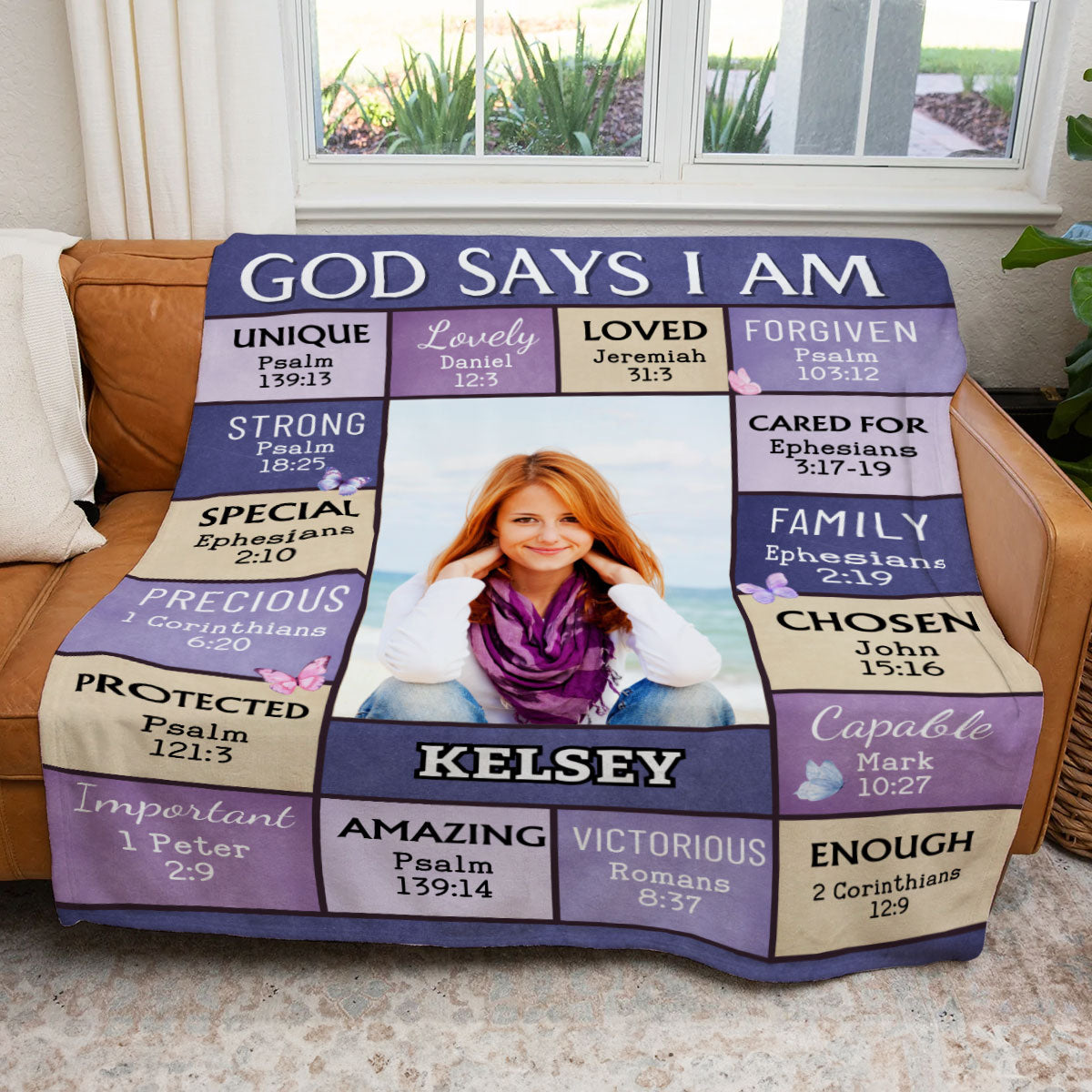 "God Says I Am" Personalized Bible Verse Photo Blanket with Name - Great First Communion or Christmas Gift