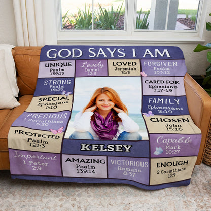 "God Says I Am" Personalized Bible Verse Photo Blanket with Name - Great First Communion or Christmas Gift