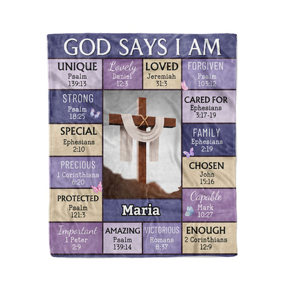 "God Says I Am" Personalized Bible Verse Photo Blanket with Name - Great First Communion or Christmas Gift