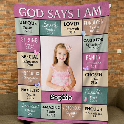 "God Says I Am" Personalized Bible Verse Photo Blanket with Name - Great First Communion or Christmas Gift