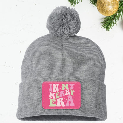 In My Merry Era Retro Christmas Pom Pom Knit Cap - Pink Patch