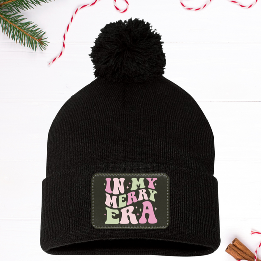 In My Merry Era Retro Christmas Pom Pom Knit Cap - Black Patch