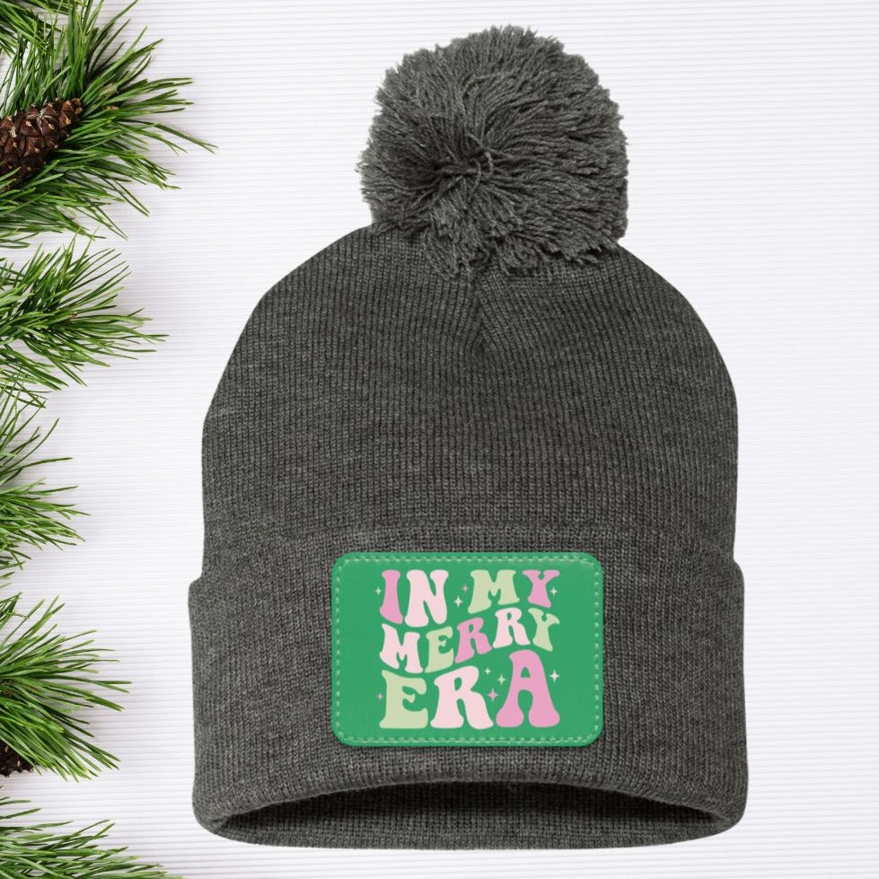 In My Merry Era Retro Christmas Pom Pom Knit Cap - Green Patch