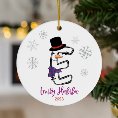 Letter Name Christmas Ornament - Snowman - Personalized Family Monogram Gift