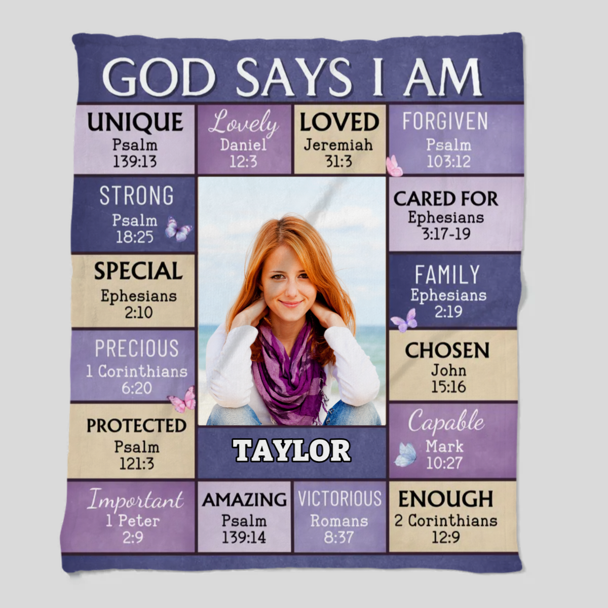 "God Says I Am" Personalized Bible Verse Photo Blanket with Name - Great First Communion or Christmas Gift