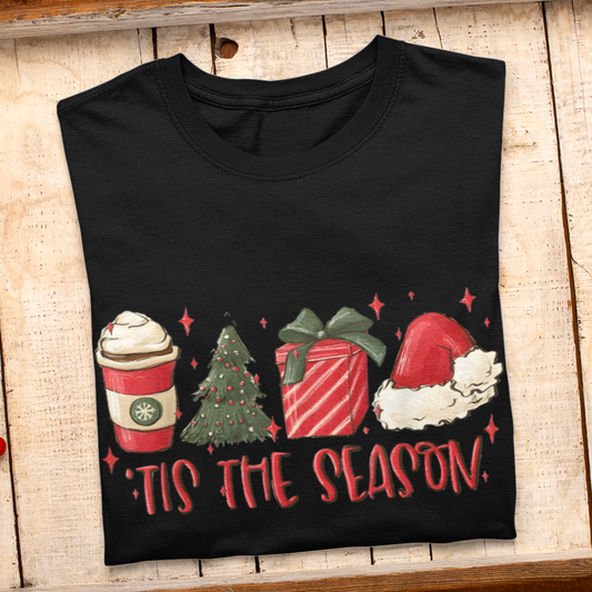 Tis The Season Christmas Tree, Present, Coffee, Santa Hat T-Shirt