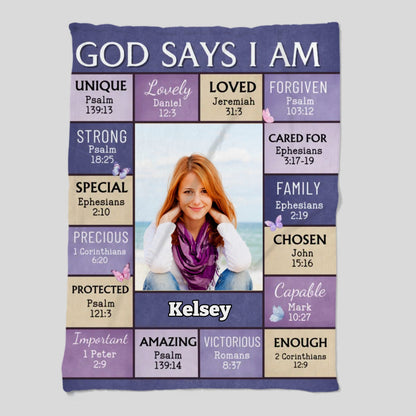 "God Says I Am" Personalized Bible Verse Photo Blanket with Name - Great First Communion or Christmas Gift