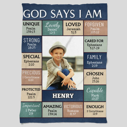 "God Says I Am" Personalized Bible Verse Photo Blanket with Name - Great First Communion or Christmas Gift