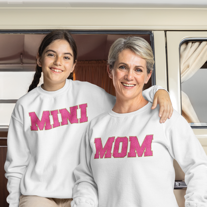 Nana, Mama, & Mini Sweatshirt Collection - Pink Faux Chenille Glitter Patch Matching Family Shirts