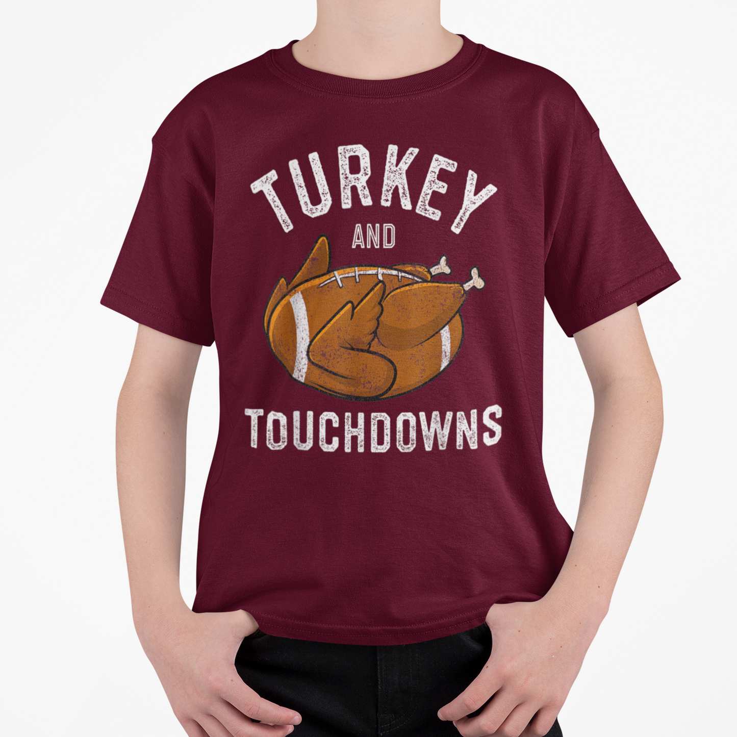 Turkey and Touchdowns Thanksgiving Football Youth T-Shirt