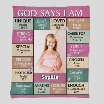 "God Says I Am" Personalized Bible Verse Photo Blanket with Name - Great First Communion or Christmas Gift